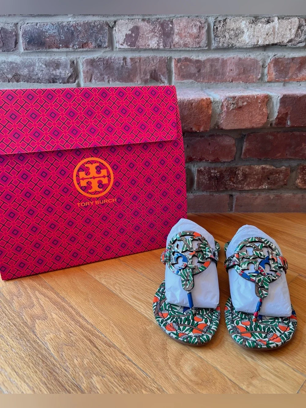Tory Burch Orange Something Wild Printed Patent Leather Miller Sandals